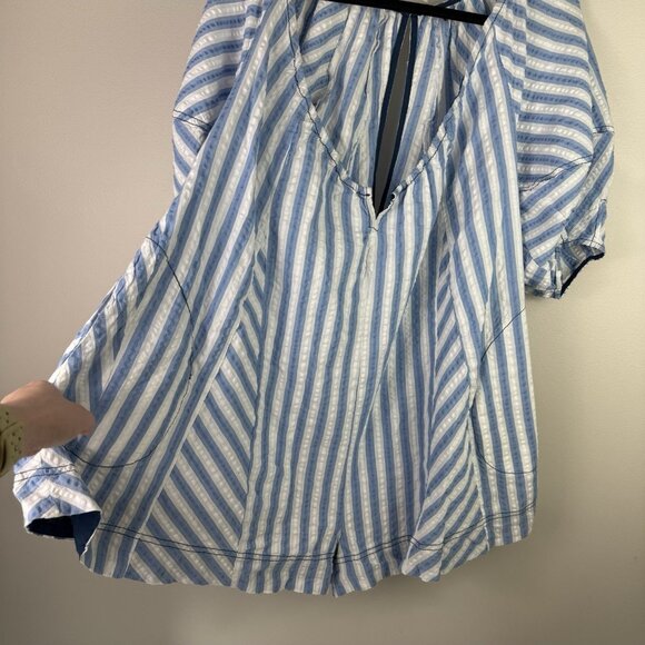 Free People Bop Around Stripe Romper XS Blue White Cotton V-Neck Boho Playsuit - Picture 5 of 11